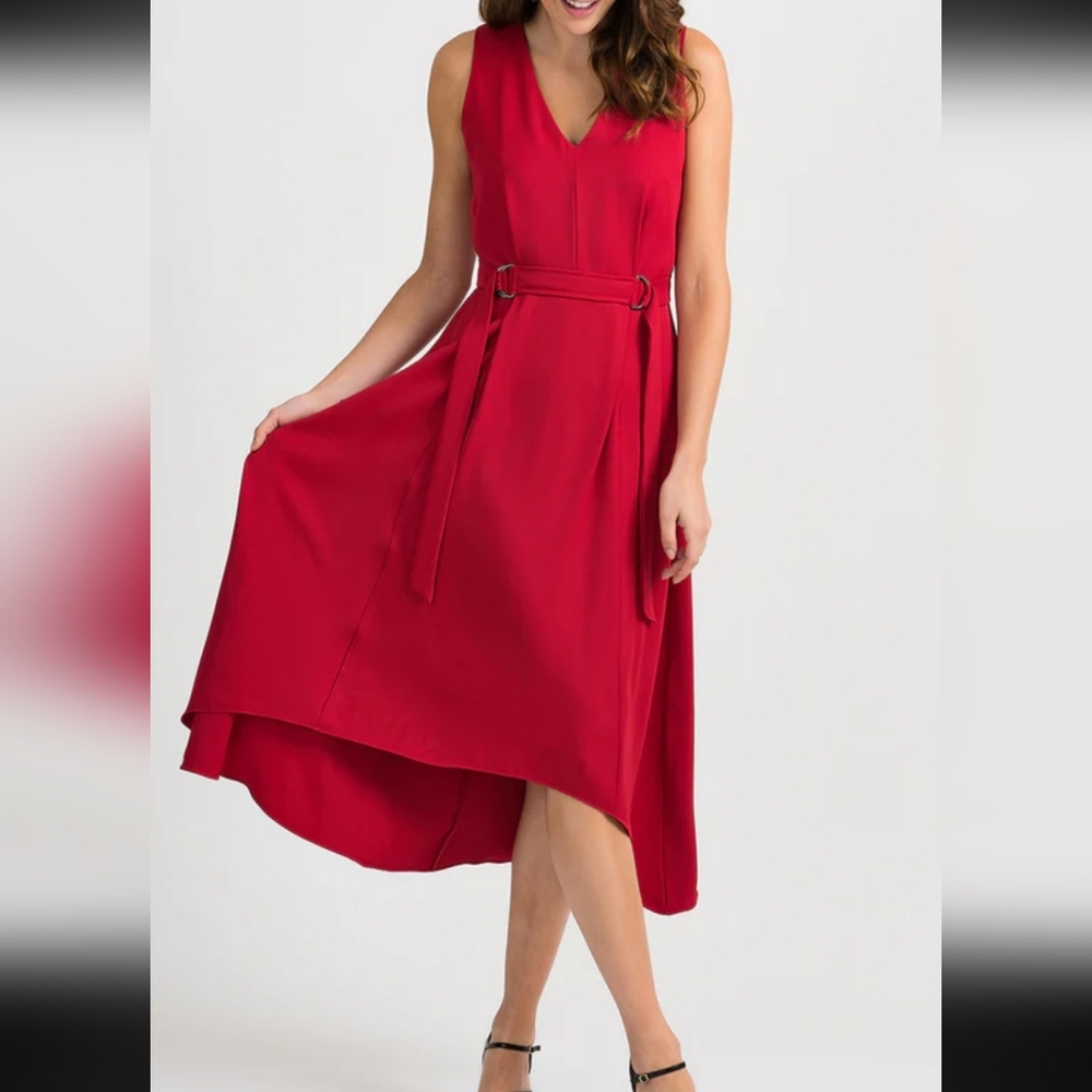 Joseph Ribkoff Red Sleeveless V-Neck Maxi Dress with Waist Tie